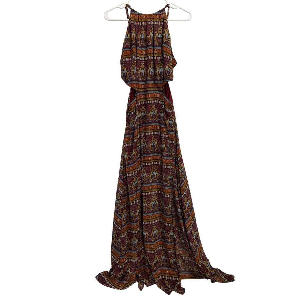 GB Womens Burgundy Paisley Medallion Cut-Out Maxi Dress Halter Boho GB7433YO L